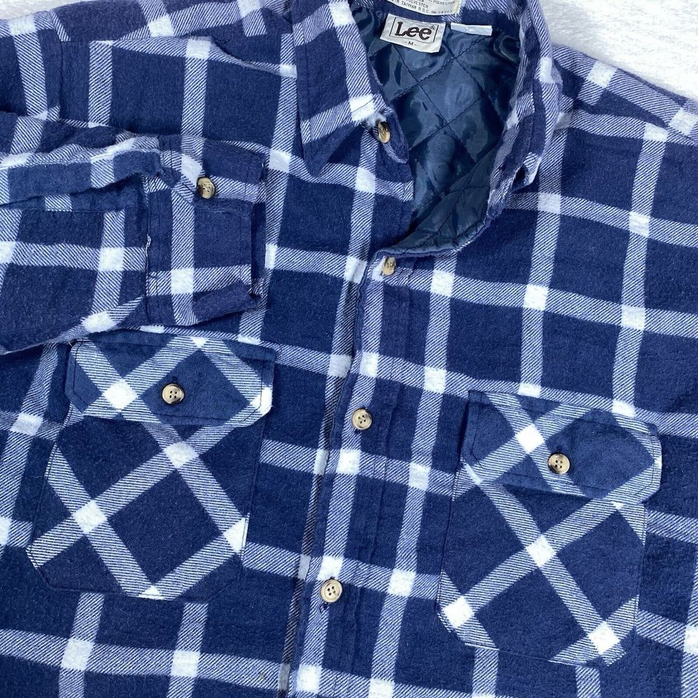 Vintage Lee Blue Plaid Flannel Jacket Quilted‎ Lining Workwear Medium Button Up